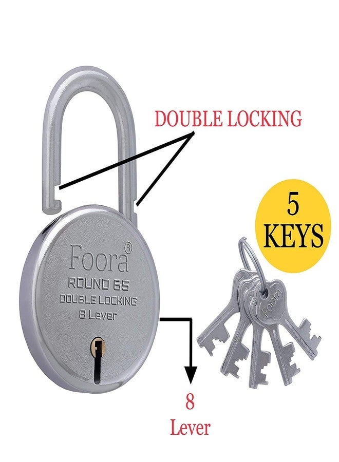 Foora Lock and Key Door Lock for Home, gate, Shutter Round 65mm 5 Key 8 Lever Silver Finish, Pack of 8 Rental Friendly Lock - Image 2